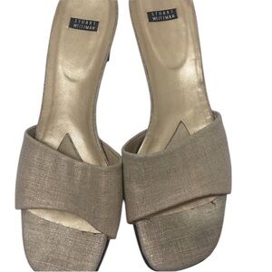 Stuart Weitzman size 10 muted gold /tan metallic gold linen look slides like new